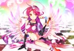  1girl 2mota :&lt; bangs bare_shoulders black_gloves bridal_gauntlets checkered checkered_floor chess_piece colorful elbow_gloves expressionless feathered_wings floor full_body gloves gradient_hair halo impossible_clothes jibril_(no_game_no_life) long_hair low_wings midriff mismatched_gloves mismatched_legwear multicolored_hair navel no_game_no_life orange_eyes parted_bangs pink_hair purple_hair ringed_eyes shiny shiny_clothes shiny_hair shiny_skin shiro_(no_game_no_life) single_sock single_thighhigh sitting socks solo_focus sora_(no_game_no_life) tareme tattoo thigh-highs very_long_hair white_wings wing_ears wings yokozuwari 