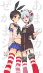  2boys amatsukaze_(kantai_collection) amatsukaze_(kantai_collection)_(cosplay) animal_ears brown_eyes brown_hair cosplay crossdressinging fake_animal_ears grey_hair ikari_shinji kantai_collection midriff multiple_boys nagisa_kaworu neon_genesis_evangelion plico_(nicoma) rabbit_ears red_eyes sailor_collar shimakaze_(kantai_collection) shimakaze_(kantai_collection)_(cosplay) skirt striped striped_legwear thigh-highs v 