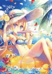  1girl beach bikini blonde_hair blue_background blue_eyes bracelet clouds eating flower food fruit garters hat hibiscus jewelry long_hair navel ocean orange original petals popsicle rubber_duck sky small_breasts solo striped sun_hat sunglasses swimsuit twintails vertical-striped_bikini vertical_stripes yamadori_yoshitomo 