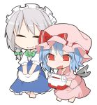  2girls :d ^_^ apron bat_wings blue_dress bow box chibi closed_eyes commentary_request dress fang flapping hat hat_bow highres izayoi_sakuya ladfa maid maid_headdress mob_cap multiple_girls open_mouth pink_dress puffy_short_sleeves puffy_sleeves remilia_scarlet shirt short_sleeves simple_background skirt skirt_set smile touhou vest waist_apron white_background wings 