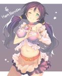  1girl breasts choker green_eyes grin happy_birthday heart heart_hands long_hair looking_at_viewer love_live!_school_idol_project navel one_eye_closed skirt smile solo star toujou_nozomi twintails yoo_(tabi_no_shiori) 