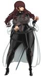  1girl alternate_costume bodysuit breasts curvy drill_hair fur_coat hair_over_one_eye hand_on_hilt high_heels huge_breasts johnrokk kirijou_mitsuru leather lips long_hair off_shoulder persona persona_3 persona_4:_the_ultimate_in_mayonaka_arena rapier red_eyes redhead sheath sheathed solo standing sword taut_clothes twin_drills weapon 