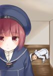  1girl admiral_(kantai_collection) all_fours auburn_hair beret blush brown_eyes brown_hair buttons clothes_writing expressionless hat indoors kantai_collection long_sleeves military military_uniform panty_peek sailor_collar shima_(shima_je) short_hair stairs uniform wooden_floor z3_max_schultz_(kantai_collection) 