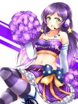  blush cheerleader gloves green_eyes long_hair love_live!_school_idol_project low_twintails open_mouth ribbon skirt thigh_highs toujou_nozomi twintails violet_hair 