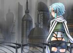  1girl aqua_eyes aqua_hair ass blue_hair building butt_crack cityscape fingerless_gloves from_behind gloves scarf scenery shinon_(sao) short_hair short_shorts shorts sword_art_online taiyaki_a 