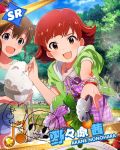  2girls :d blue_eyes brown_eyes brown_hair character_name food idolmaster idolmaster_million_live! multiple_girls musical_note nonohara_akane official_art open_mouth rice rice_bowl satake_minako short_hair signature smile 