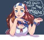  1girl bare_shoulders bliss_barson blue_eyes bracelet breasts brown_hair cleavage cryamore earrings english eyebrows eyeshadow hairband jewelry large_breasts leaning_forward lips long_hair makeup mole neckerchief ring robert_porter sleeveless solo thought_bubble 