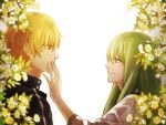  2boys blonde_hair enkidu_(fate/strange_fake) fate/strange_fake fate/zero fate_(series) flower gilgamesh green_eyes green_hair hands_on_another&#039;s_face multiple_boys red_eyes sindri 