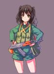  1girl ak-47 assault_rifle bag brown_eyes brown_hair gun hands_on_hips long_hair nightmaremk2 original pouch rifle shorts shoulder_bag smile solo two_side_up uniform weapon 