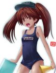  1girl brown_eyes brown_hair haura_akitoshi kantai_collection kickboard long_hair megaphone ryuujou_(kantai_collection) school_swimsuit swimsuit twintails visor_cap 