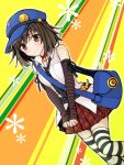  1girl bag bakemonogatari brown_eyes brown_hair cosplay hat highres marie_(persona_4) marie_(persona_4)_(cosplay) monogatari_(series) necktie persona persona_4 persona_4_the_golden plaid plaid_skirt sengoku_nadeko short_hair skirt striped striped_legwear thigh-highs uzu_hi 