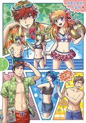  3girls 4boys androgynous beach bird eriyama gekkan_shoujo_nozaki-kun glasses hair_ribbon hawaiian_shirt hori_masayuki kashima_yuu multiple_boys multiple_girls nozaki_umetarou polka_dot polka_dot_swimsuit ribbon sakura_chiyo seagull seo_yuzuki short_hair swimsuit undressing wakamatsu_hirotaka 