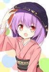  1girl bowl hat japanese_clothes kimono long_sleeves obi open_mouth purple_hair red_eyes sash smile solo sukuna_shinmyoumaru touhou wide_sleeves yuuhagi_(amaretto-no-natsu) 