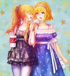  2girls alice_margatroid alternate_costume alternate_hairstyle bag bare_shoulders bendy_straw blonde_hair blue_background blue_eyes bow braid breasts casual closed_eyes collarbone contemporary cup dress drinking_straw food hair_bow hairband handbag hands_together ice_cream ice_cream_cone kirisame_marisa looking_at_viewer multiple_girls open_mouth pantyhose polka_dot polka_dot_dress ponytail purple_legwear scrunchie short_dress short_hair single_braid sleeveless sleeveless_dress star star_print starry_background touhou vetina 