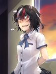  1girl alternate_costume arms_behind_back bag black_hair confession fang highres horns kijin_seija ldl_(bcw1025) looking_at_viewer messy_hair multicolored_hair pov red_eyes redhead ribbon school_uniform short_hair skirt solo streaked_hair sunset tears touhou white_hair window 