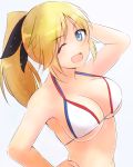  1girl armpits bikini blonde_hair blue_eyes breasts freckles hair_ribbon katharine_ohare liar_lawyer looking_at_viewer one_eye_closed open_mouth ponytail ribbon solo strike_witches swimsuit underboob 