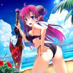  1girl adjusting_clothes adjusting_swimsuit ass beach bikini blue_eyes fang from_behind kazumasa looking_back original pointy_ears purple_hair swimsuit sword weapon 