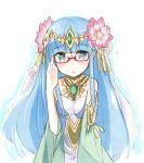  1girl :o adjusting_glasses aqua_eyes bare_shoulders bespectacled blue_hair blush bust detached_sleeves flower glasses hair_flower hair_ornament jewelry long_hair long_sleeves looking_at_viewer necklace open_mouth parvati_(p&amp;d) puzzle_&amp;_dragons red-framed_glasses semi-rimless_glasses simple_background solo under-rim_glasses white_background yukitarou_(awamori) 