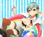  1girl ball beachball black_bra blush bra brown_legwear cocktail cup green_eyes green_hair grin hair_ornament hairclip kantai_collection long_hair open_clothes pochi_(pochi-goya) popsicle skirt smile solo suzuya_(kantai_collection) thigh-highs underwear vertical-striped_background wading_pool water wet 