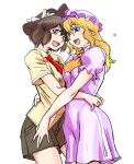  2girls :d ascot blonde_hair blouse blue_eyes brown_clothes brown_hair colored_eyelashes danna_(karatekikku) dress hair_between_eyes hat hug long_hair looking_at_viewer maribel_hearn mob_cap multiple_girls necktie open_mouth pink_eyes puffy_short_sleeves puffy_sleeves purple_dress short_hair short_pants short_sleeves smile touhou usami_renko waist_hug wavy_hair yuri 