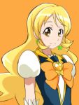  1girl alternate_hairstyle blonde_hair cure_honey earrings eyelashes hair_down happinesscharge_precure! happy highres jabara921 jewelry long_hair looking_at_viewer magical_girl oomori_yuuko orange_background portrait precure puffy_sleeves ribbon shirt simple_background sketch smile solo standing vest wrist_cuffs yellow_eyes 