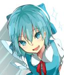  1girl arms_behind_back biscuit_(bis0) blue_dress blue_eyes blue_hair blue_ribbon bow cirno dress hair_between_eyes hair_bow hair_ribbon ice ice_wings looking_at_viewer open_mouth pov pov_eye_contact ribbon short_hair smile solo_focus touhou wings 
