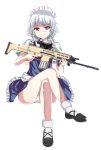  1girl alternate_weapon ankle_socks assault_rifle bow braid crossed_legs fn_scar frilled_skirt frills gun hair_bow highres izayoi_sakuya looking_at_viewer maid_headdress ole1942 panties pantyshot pantyshot_(sitting) rifle scope short_hair short_sleeves silver_hair simple_background sitting skirt skirt_set smile solo touhou twin_braids underwear violet_eyes weapon white_background white_panties 