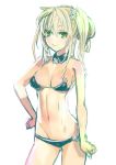  bikini black_bikini blonde_hair body_blush breasts cleavage green_eyes hair_between_eyes hair_ornament hand_on_hip long_hair navel orion_(orionproject) side_ponytail simple_background sketch smile swimsuit white_background 