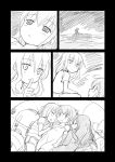  4girls akatsuki_(kantai_collection) backpack bag comic folded_ponytail girl_sandwich hair_ornament hairclip hibiki_(kantai_collection) ikazuchi_(kantai_collection) inazuma_(kantai_collection) kantai_collection long_hair monochrome multiple_girls night raft sandwiched shimazaki_kazumi short_hair silent_comic sleeping younger 