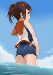  1girl ass brown_eyes brown_hair clouds from_behind i-401_(kantai_collection) kantai_collection kskasutera sailor_collar school_swimsuit short_ponytail sky solo swimsuit wading water 