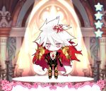  1boy cape chibi fate/apocrypha fate_(series) flower hair_flower hair_ornament lancer_of_red parody sindri solo spider_lily white_hair 