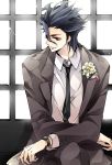  1boy ahoge black_hair corsage fate/zero fate_(series) flower formal lancer_(fate/zero) mole necktie rayca01 solo suit watch watch 