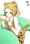  1girl animal_ears ayase_eli bikini blonde_hair blue_eyes blush breasts cat_ears highres leopard_print looking_at_viewer love_live!_school_idol_project momo_(higanbana_and_girl) ponytail short_hair smile solo swimsuit tail wristband 