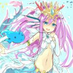  1girl :&lt; armlet blue_eyes blush breasts bridal_gauntlets bubblie_(p&amp;d) cleavage coral creature fish_tail frills hair_ornament hand_on_own_shoulder head_fins horn jewelry long_hair mermaid midriff monster_girl mound_of_venus navel open_mouth purple_hair puzzle_&amp;_dragons siren_(p&amp;d) solo tail tiara underwater water yukitarou_(awamori) 
