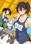  4girls aoi_manabu black_eyes black_hair blush breasts brown_hair fang goggles goggles_on_head hair_ribbon heart i-19_(kantai_collection) kaga_(kantai_collection) kantai_collection large_breasts looking_at_viewer maru-yu_(kantai_collection) multiple_girls off_shoulder open_mouth pink_hair red_eyes ribbon school_swimsuit side_ponytail smile souryuu_(kantai_collection) sweatdrop swimsuit twintails 