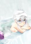  1girl bath bathing bathtub blue_eyes blush bottle crossed_arms frown hair_up hako_roku original partially_submerged silver_hair solo towel towel_on_head water 