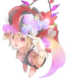  1girl alternate_costume arm_ribbon black_dress blonde_hair dress flandre_scarlet flower hat hat_flower hat_ribbon highres looking_at_viewer omo_(utakatadice) open_mouth perspective pose red_eyes ribbon shirt short_sleeves side_ponytail simple_background solo touhou white_background wings 