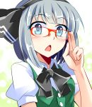  1girl adjusting_glasses bespectacled blue_eyes blush bow bust chestnut_mouth e.o. glasses grey_hair hairband konpaku_youmu open_mouth red-framed_glasses short_hair solo touhou 