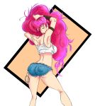  1girl absurdres armlet arms_up ass blue_eyes bracer contrapposto cuffs cutoffs denim denim_shorts final_fight from_behind handcuffs hands_in_hair highres long_hair looking_back messy_hair no_hat pink_hair poison_(final_fight) shorts solo spaghetti_strap transparent_background very_long_hair zakkido 