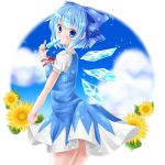  1girl blue_eyes blue_hair blue_sky bow cirno clouds dress eating flower food_in_mouth hair_bow leaf looking_at_viewer looking_back outdoors popsicle ribbon short_hair short_sleeves skirt_hold sky snowflake_print solo sparkle sunflower touhou wings yunagi_(arukumaruta) 