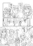  4girls :d ^_^ akatsuki_(kantai_collection) anchor_symbol arm_up cardigan closed_eyes comic eyepatch fang folded_ponytail hair_ornament hairclip hat hibiki_(kantai_collection) ikazuchi_(kantai_collection) inazuma_(kantai_collection) kantai_collection long_hair long_sleeves monochrome multiple_girls neckerchief open_mouth pleated_skirt running sailor_collar school_uniform serafuku shimazaki_kazumi short_hair skirt smile tatsuta_(kantai_collection) tenryuu_(kantai_collection) thigh-highs translation_request 