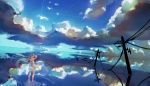  1girl aqua_hair bird clouds dress floating_hair from_behind hatsune_miku highres long_hair sky solo twintails very_long_hair vocaloid wading water yaozhiligenius 