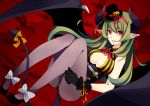  bat_wings breasts cleavage demon_tail fishnets gloves green_hair hat horns merlusa mini_top_hat original pantyhose pointy_ears red_eyes tail top_hat wings 