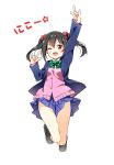  1girl \m/ bangs bare_legs black_hair black_legwear blazer blush bow character_name double_\m/ from_below full_body hair_between_eyes hair_bow hatsunatsu jumping long_sleeves love_live!_school_idol_project one_eye_closed onomatopoeia open_mouth outstretched_arm red_eyes school_uniform serafuku shiny shiny_hair shiny_skin shoes short_hair simple_background skirt smile socks solo star sweater_vest tareme twintails upskirt white_background yazawa_nico 