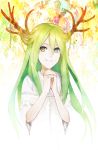  1boy antlers enkidu_(fate/strange_fake) fate/strange_fake fate_(series) green_eyes green_hair long_hair sindri smile solo trap 