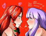  2girls braid heart hong_meiling lavender_eyes lavender_hair multiple_girls nude open_mouth patchouli_knowledge red_background red_eyes saliva saliva_trail sei_(kaien_kien) sweat tears tongue tongue_out touhou twin_braids yuri 