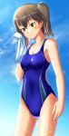  0625a 1girl brown_eyes brown_hair competition_swimsuit covered_navel kaga_(kantai_collection) kantai_collection one-piece_swimsuit side_ponytail smile solo swimsuit towel water wet 