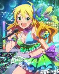  ahoge audience blonde_hair breasts butterfly butterfly_hair_ornament choker cleavage crop_top frills glowstick green_eyes hair_ornament hoshii_miki idolmaster idolmaster_million_live! long_hair looking_at_viewer microphone midriff navel official_art open_mouth shiny shiny_skin skirt smile wireless 