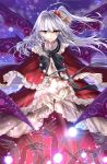  1girl capelet dress grey_eyes hair_bobbles hair_ornament hands highres hysteria long_hair long_sleeves looking_at_viewer multiple_wings one_side_up red_dress ribbon shinki silver_hair solo touhou touhou_(pc-98) wide_sleeves wings 