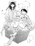  1boy 3girls animal_hood couch hat hinata_wahei hood kunimae_china kunimae_chise kunimae_hotaka machita monochrome multiple_girls ohayou_toka_oyasumi_toka original siblings twins 